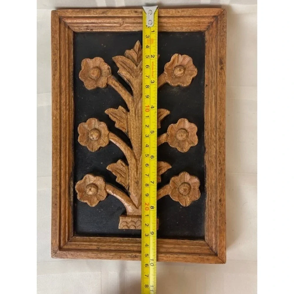 Vintage Teak Tree Carved Floral Wood Wall Art MCM Brown Black Plaque Relief 10x7
